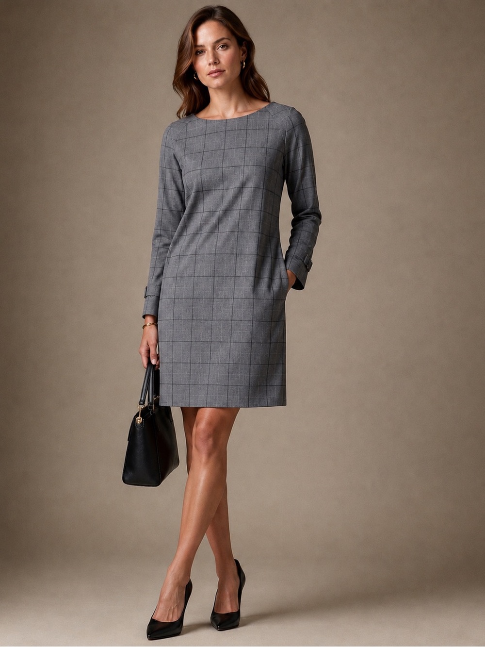 Banana Republic Gray Windowpane Long-Sleeve Sheath Dress